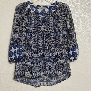 Valerie Stevens Lace Up Geometric Medallion Sheer Blouse & Blue Camisole Boho PS